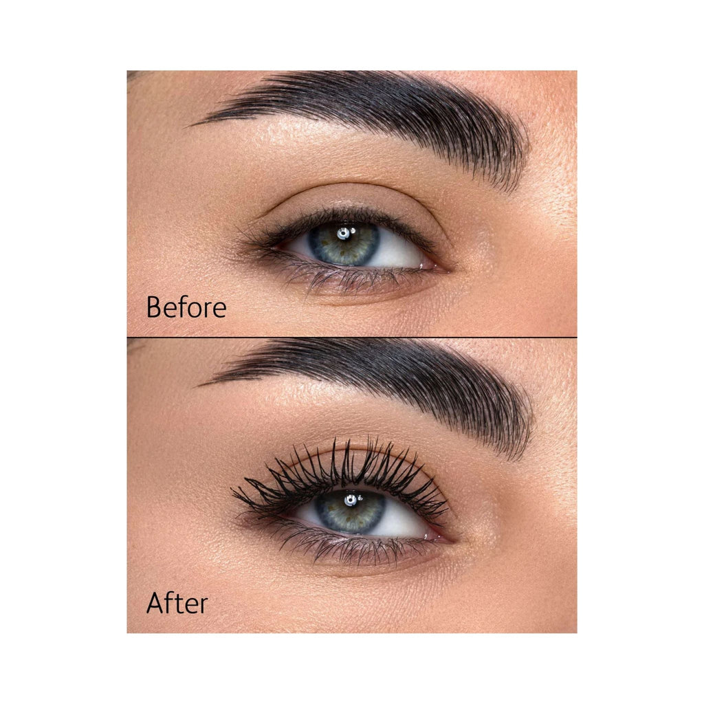 Refect Beauty Astra Subliminal Atomic Volume mascara before and after application showing curled and voluminous lashes