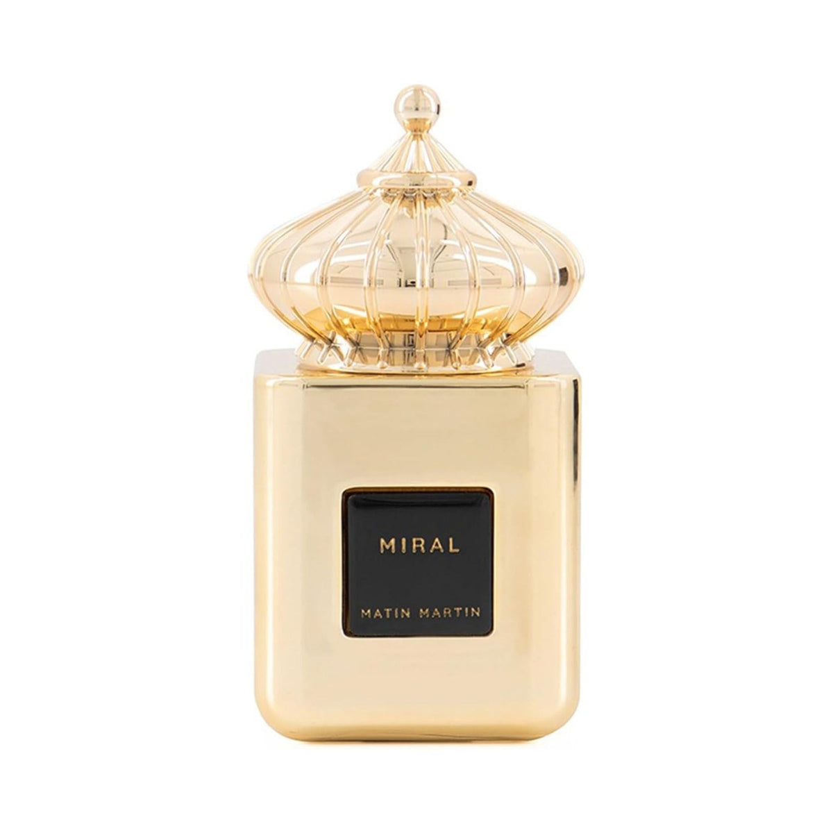 Refect Beauty Matin Martin Miral Eau de Parfum in a luxurious gold bottle with an ornate dome-shaped cap