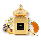 Refect Beauty Matin Martin Miral eau de parfum in a gold bottle with floral and fruit accents on a white background