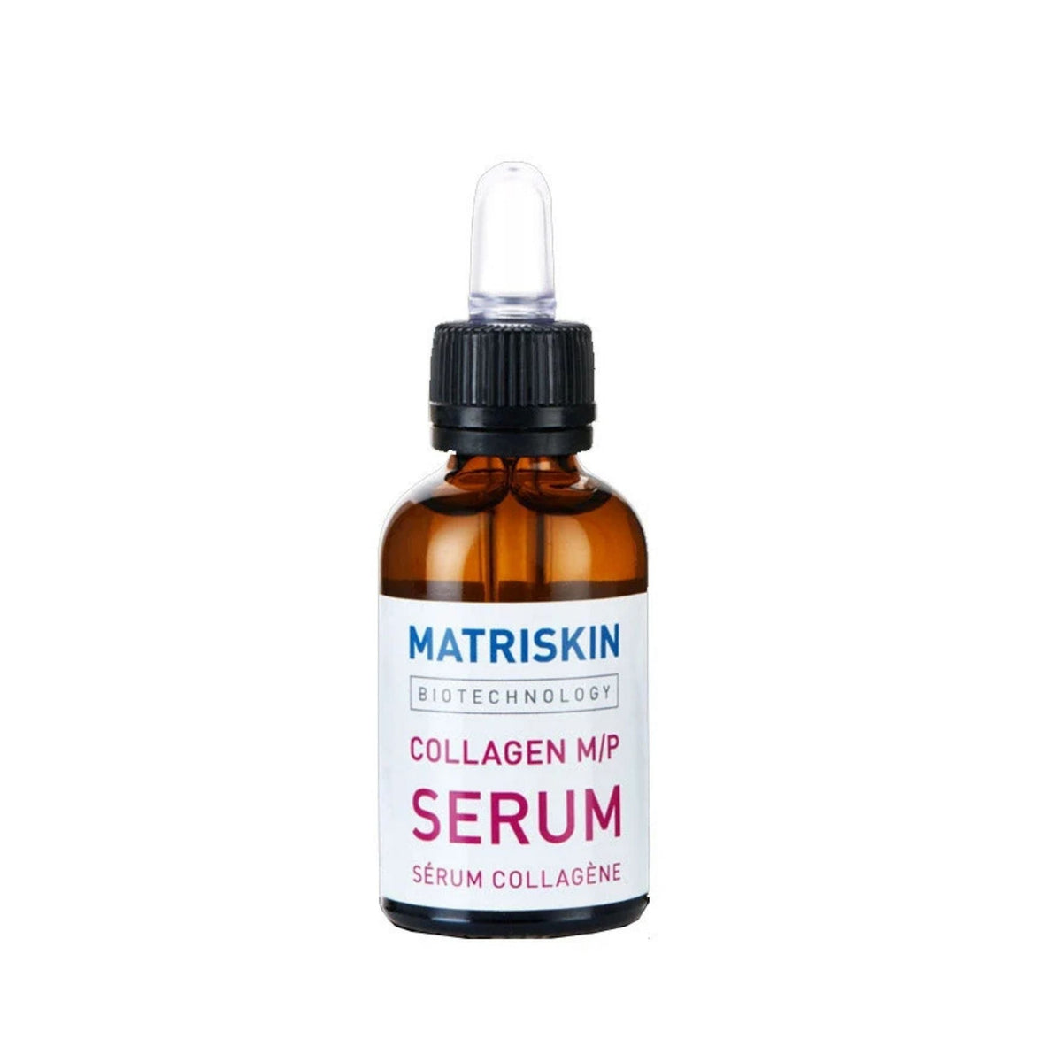 Refect Beauty Matriskin Collagen M/P Serum in an amber glass dropper bottle for skin regeneration and hydration.