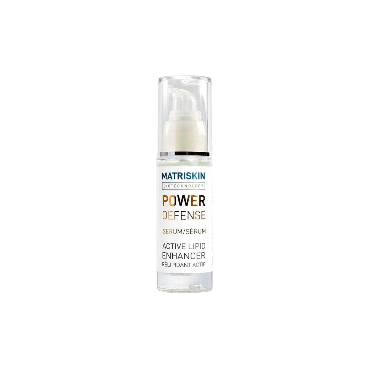 Refect Beauty Matriskin Power Defense Serum in a clear pump bottle for skin barrier protection and hydration.