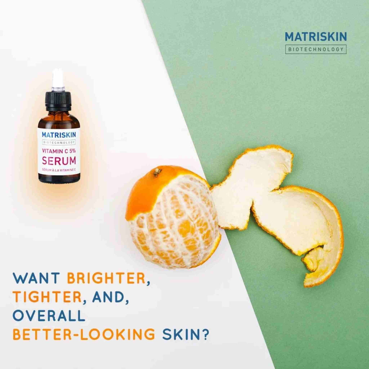Refect Beauty Matriskin Vitamin C 5% Serum bottle next to a fresh orange on a split green and white background
