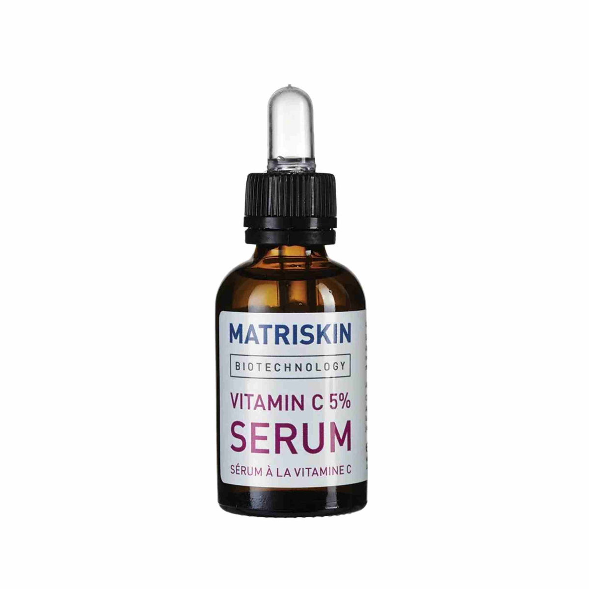 Refect Beauty Matriskin Vitamin C 5% Serum in an amber glass dropper bottle for anti-aging and skin brightening.