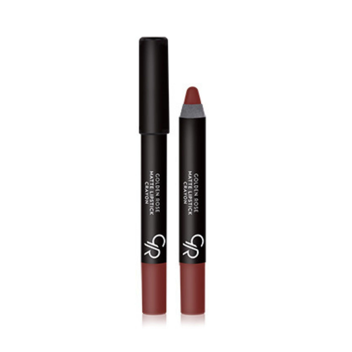 Refect Beauty Golden Rose matte lipstick crayon in a deep red shade with a matching cap and precise pencil tip. 01