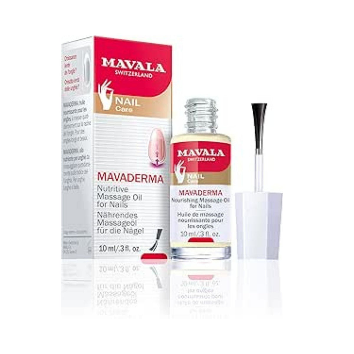 Refect Beauty Mavala Mavaderma nourishing nail and cuticle massage oil in a glass bottle with its product box.