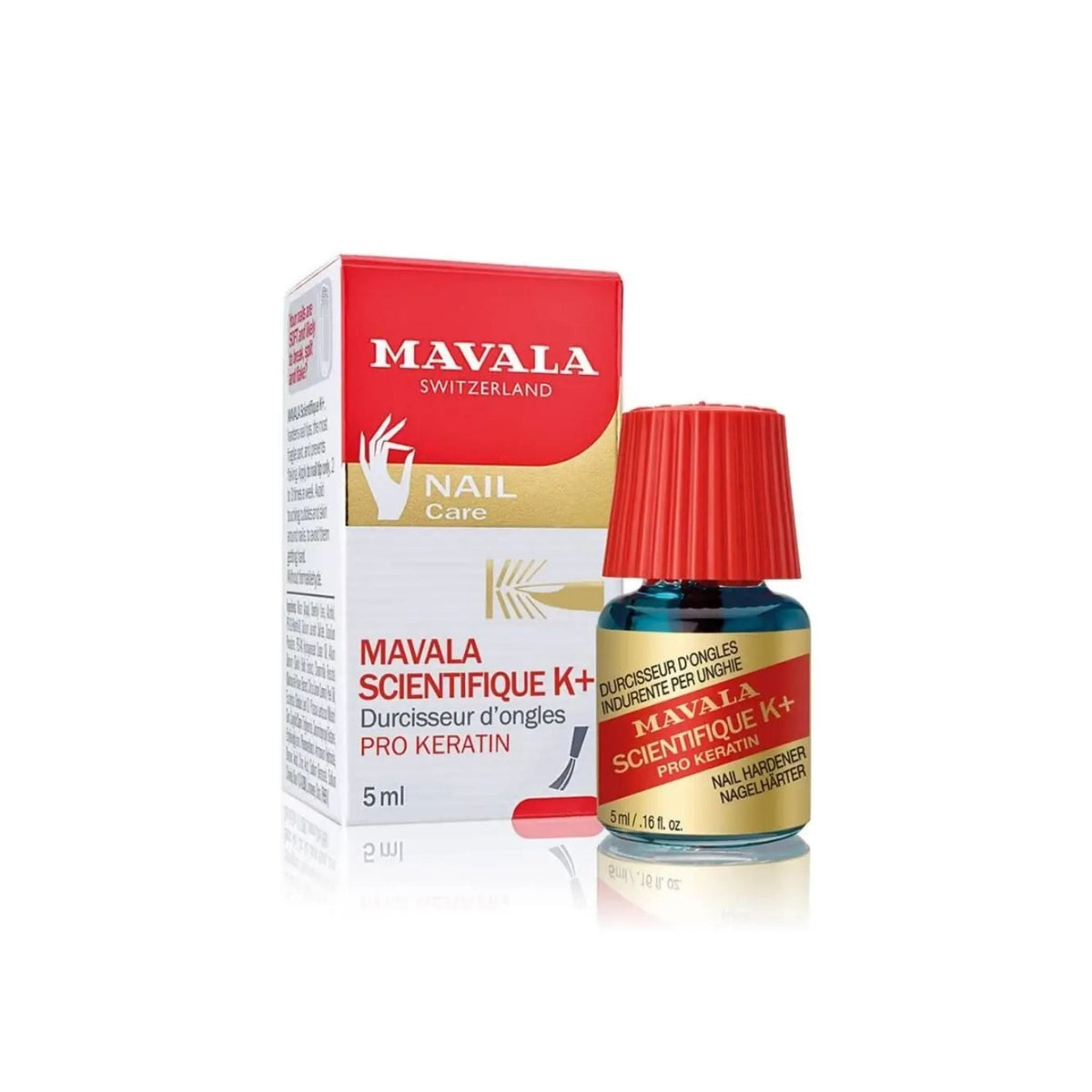Refect Beauty Mavala Scientifique K+ PRO Keratin nail hardener bottle and red and white packaging box