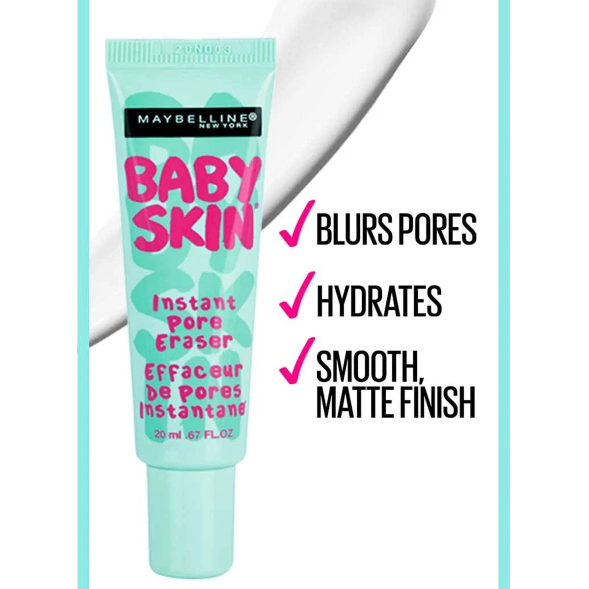 Refect Beauty Maybelline Baby Skin Instant Pore Eraser primer tube in light blue with pink text and matte finish