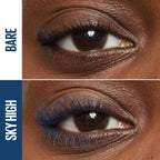 Refect Beauty comparison showing bare lashes versus lashes with Maybelline Sky High Blue Mist mascara applied.
