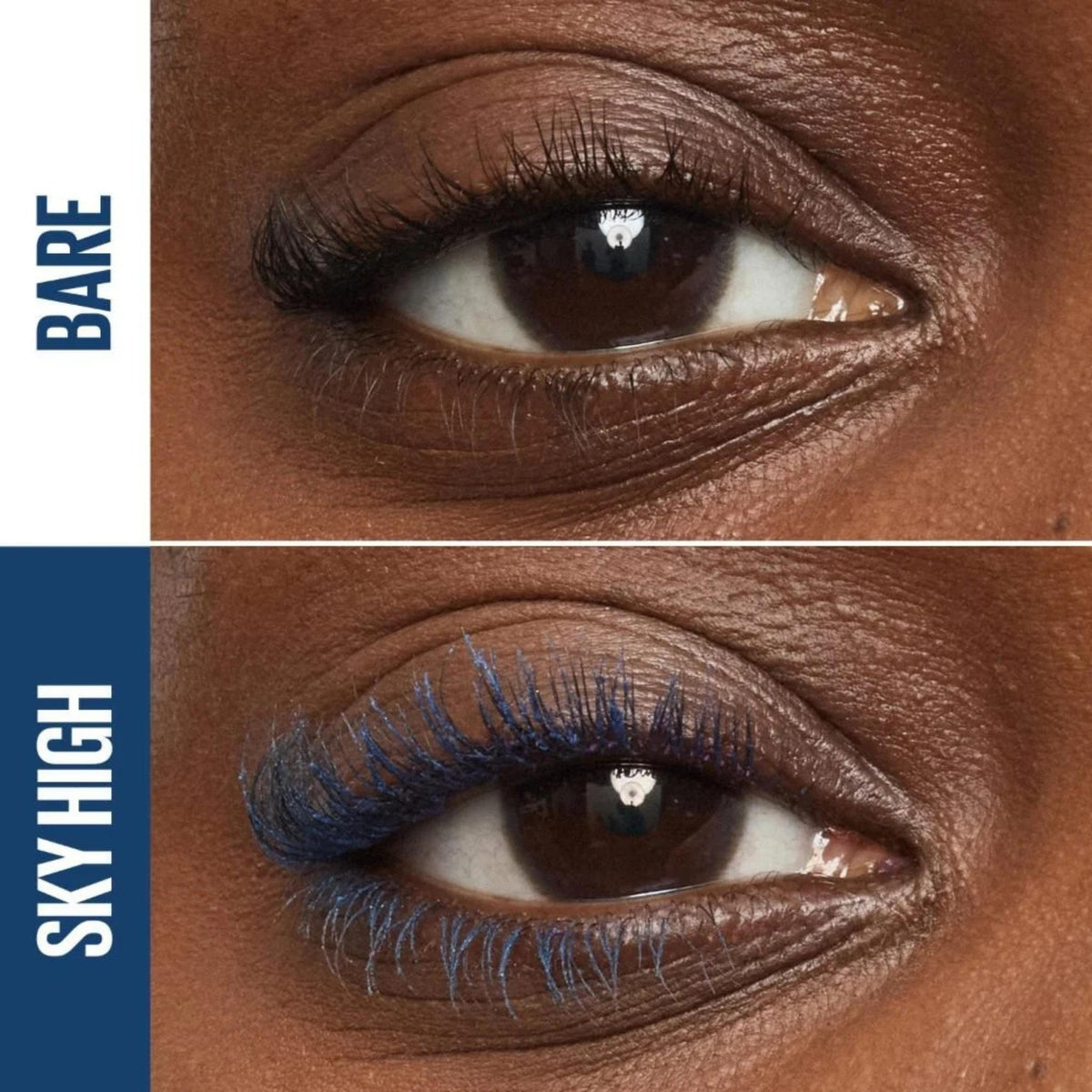 Refect Beauty comparison showing bare lashes versus lashes with Maybelline Sky High Blue Mist mascara applied.