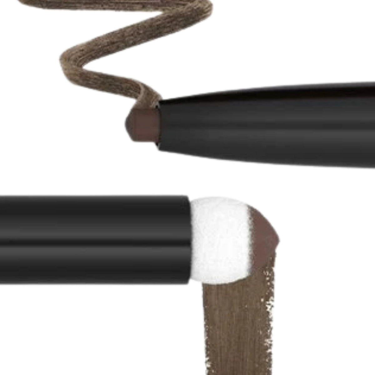 Refect Beauty Maybelline Express Brow Duo showing the teardrop pencil tip and powder sponge applicator with swatches.