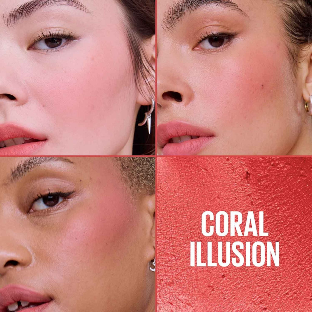 Refect Beauty Maybelline New York Cloudtopia Cheek & Lip Mousse in Coral Illusion applied on three diverse models.
