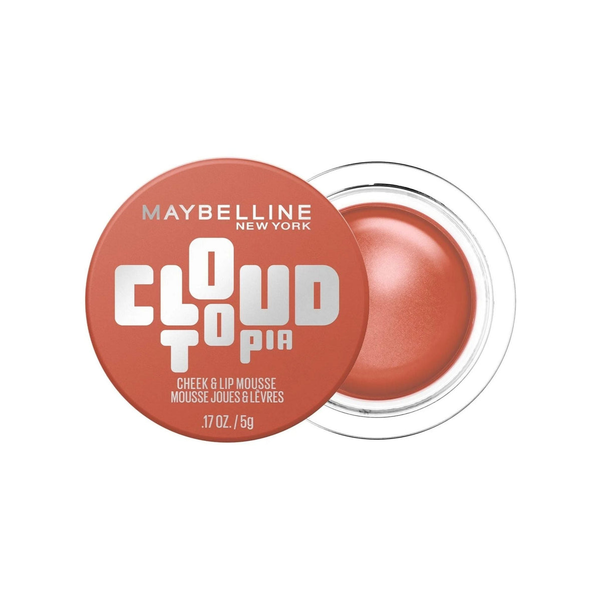 Refect Beauty Maybelline New York Cloudtopia coral cheek and lip mousse in a round pot with a matching lid.