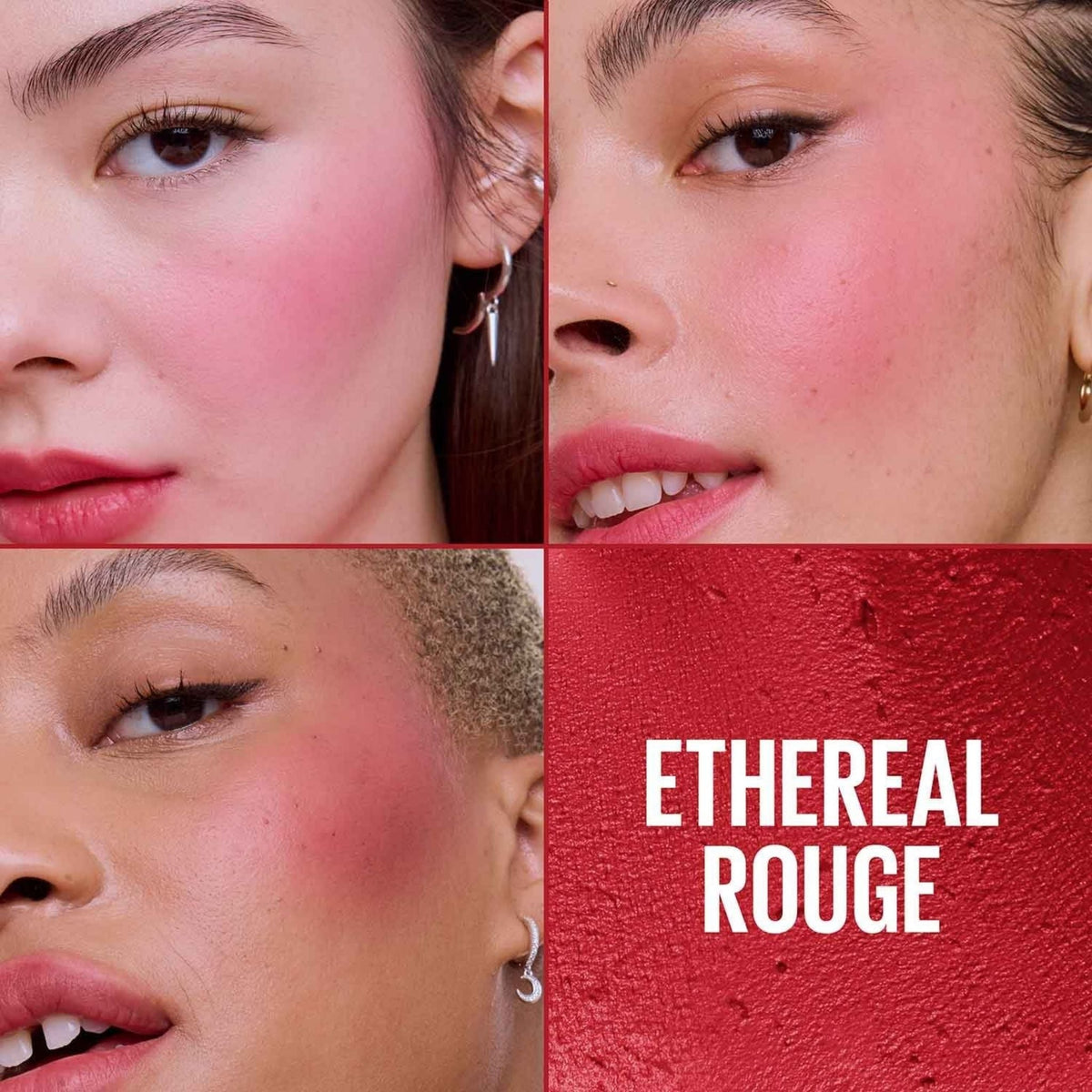 Refect Beauty Maybelline New York Cloudtopia Cheek & Lip Mousse in Ethereal Rouge applied on diverse skin tones