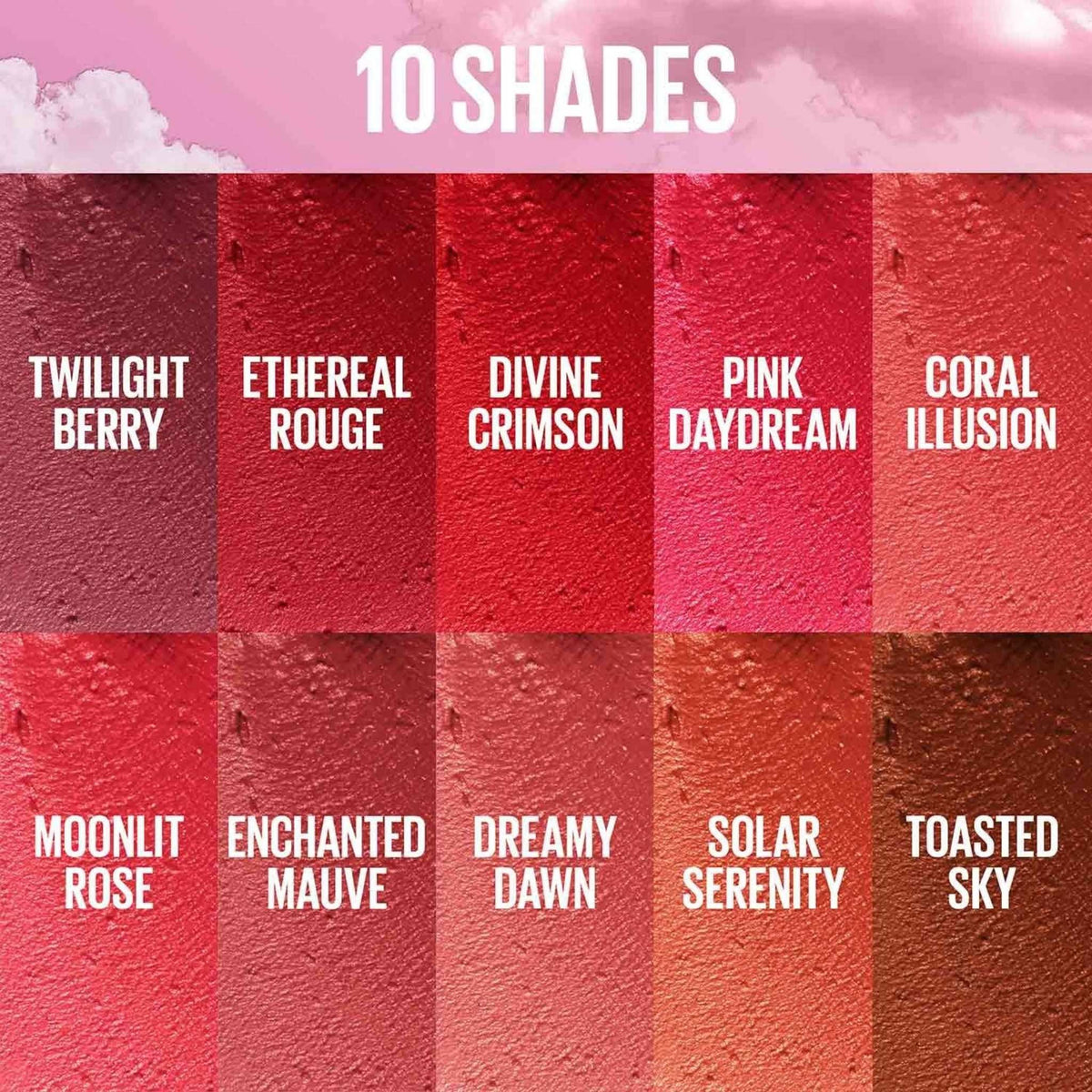 Refect Beauty Maybelline Cloudtopia Cheek & Lip Mousse swatches showing 10 diverse shades with a smooth matte finish.