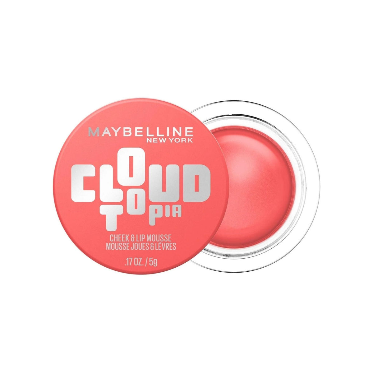 Refect Beauty Maybelline New York Cloudtopia coral cheek and lip mousse in a round jar with a matching lid.