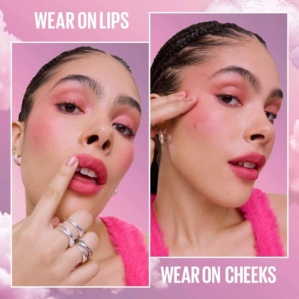 Refect Beauty model applying Maybelline New York Cloudtopia Cheek & Lip Mousse for a natural pink flush on lips and cheeks