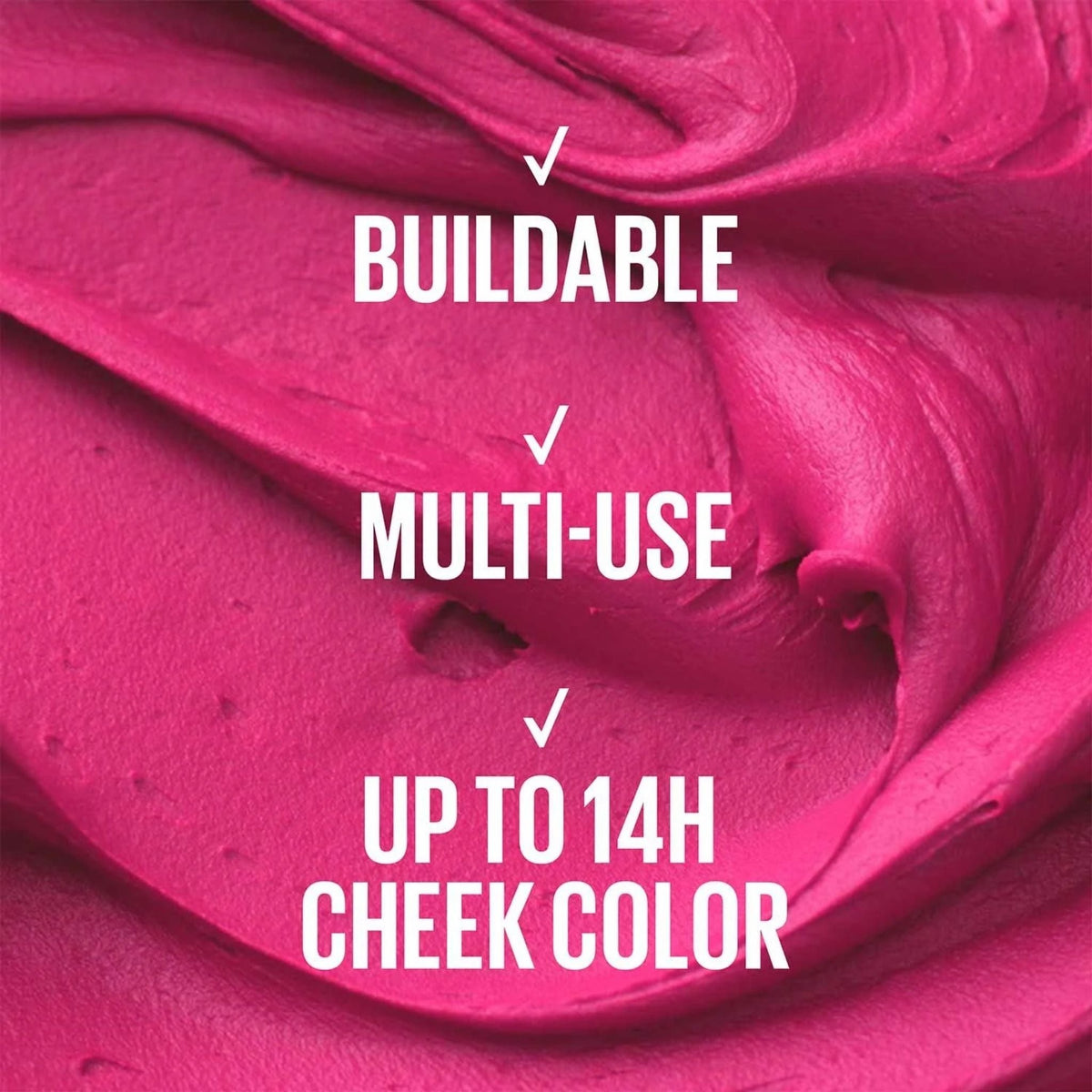 Refect Beauty Maybelline New York Cloudtopia hot pink mousse texture for lips and cheeks with product benefits text