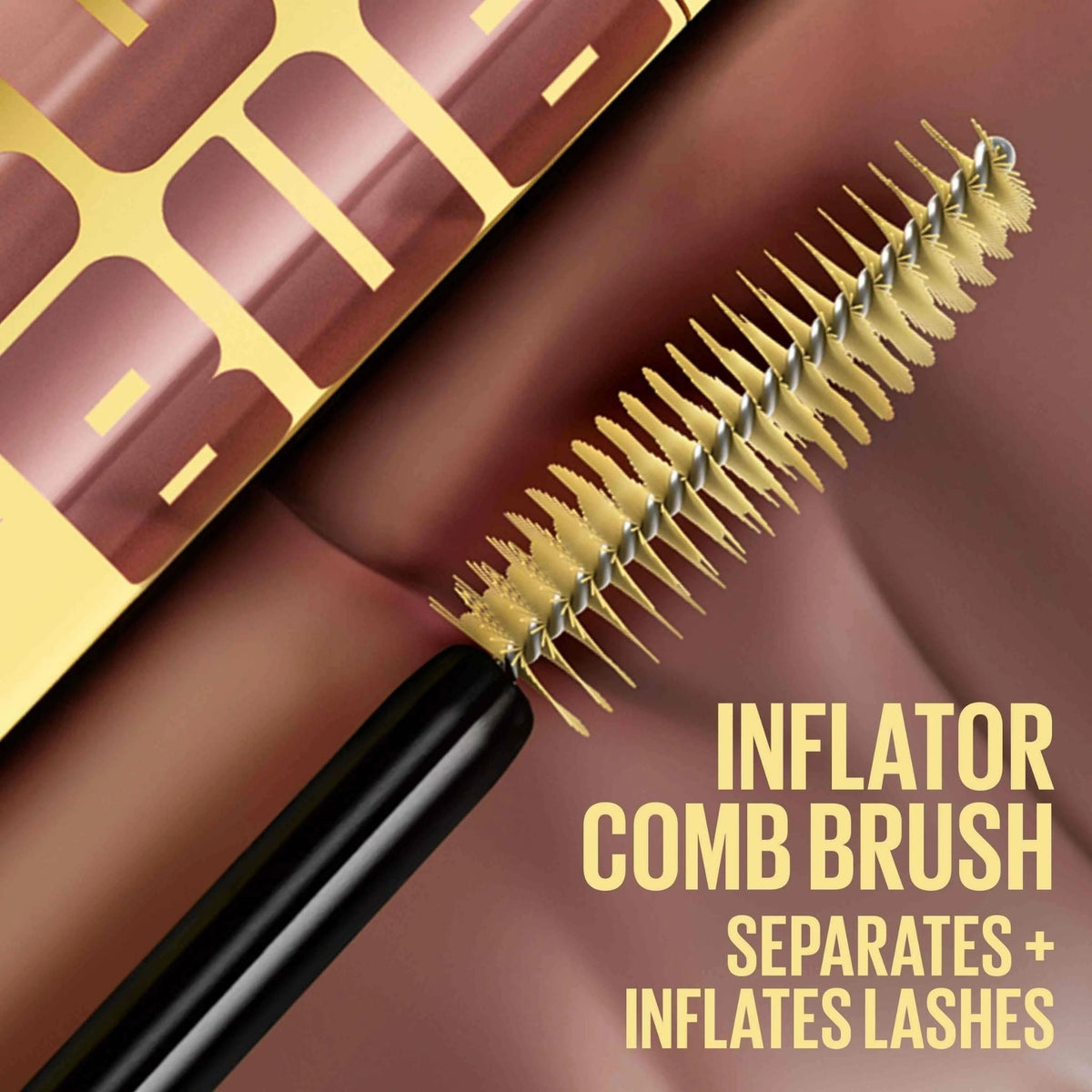 Refect Beauty Maybelline Colossal Bubble Mascara featuring a detailed view of the yellow inflator comb brush applicator.