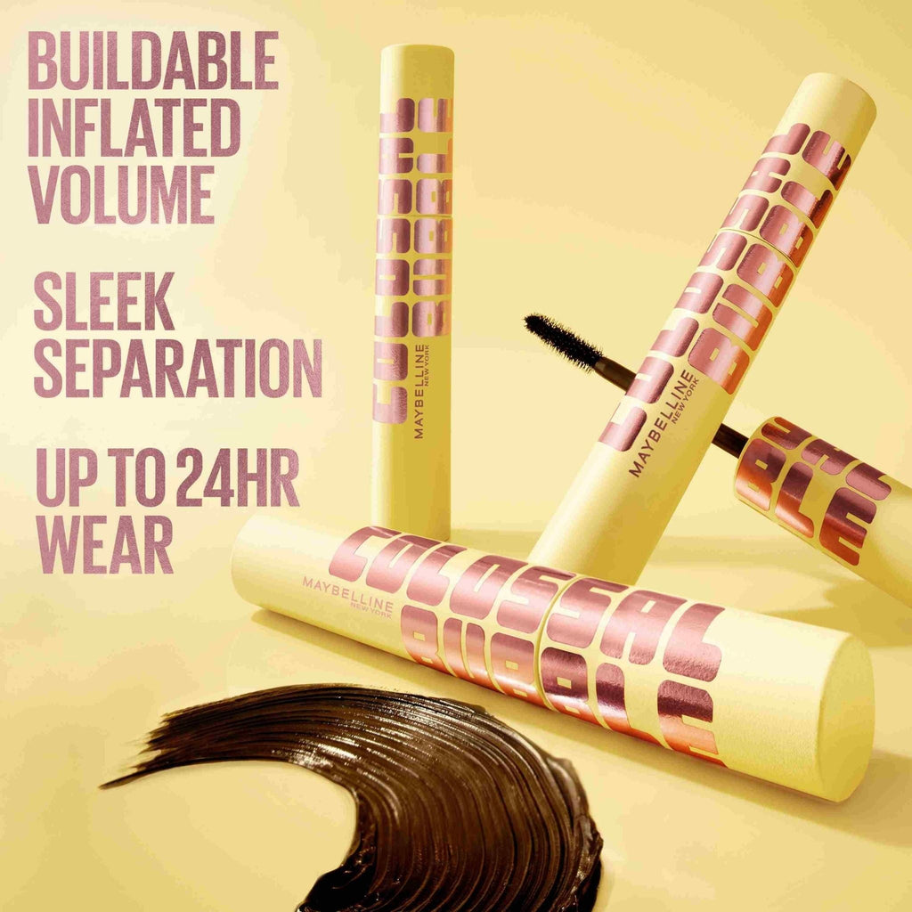 Refect Beauty Maybelline Colossal Bubble Mascara tubes in yellow with bold pink lettering and a mascara wand.
