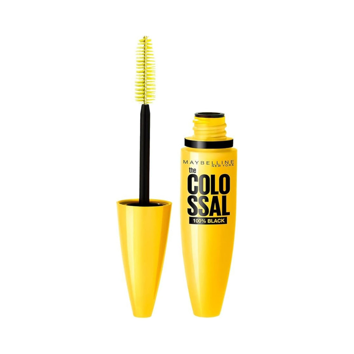 Refect Beauty Maybelline Colossal 100% Black mascara in a yellow tube with its iconic mega brush applicator.