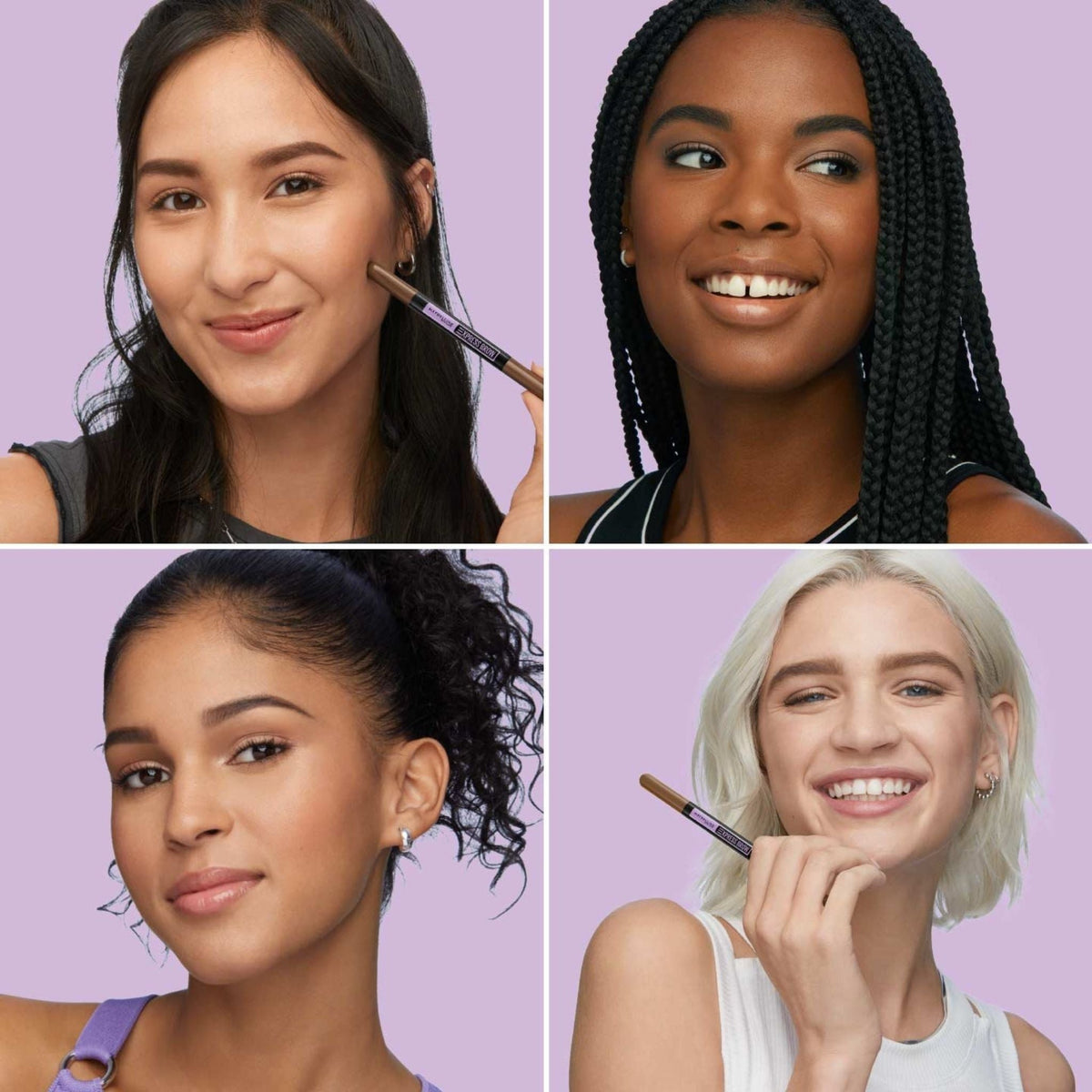 Four diverse models showcasing Refect Beauty Maybelline Express Brow Duo for natural, filled-in eyebrow definition.