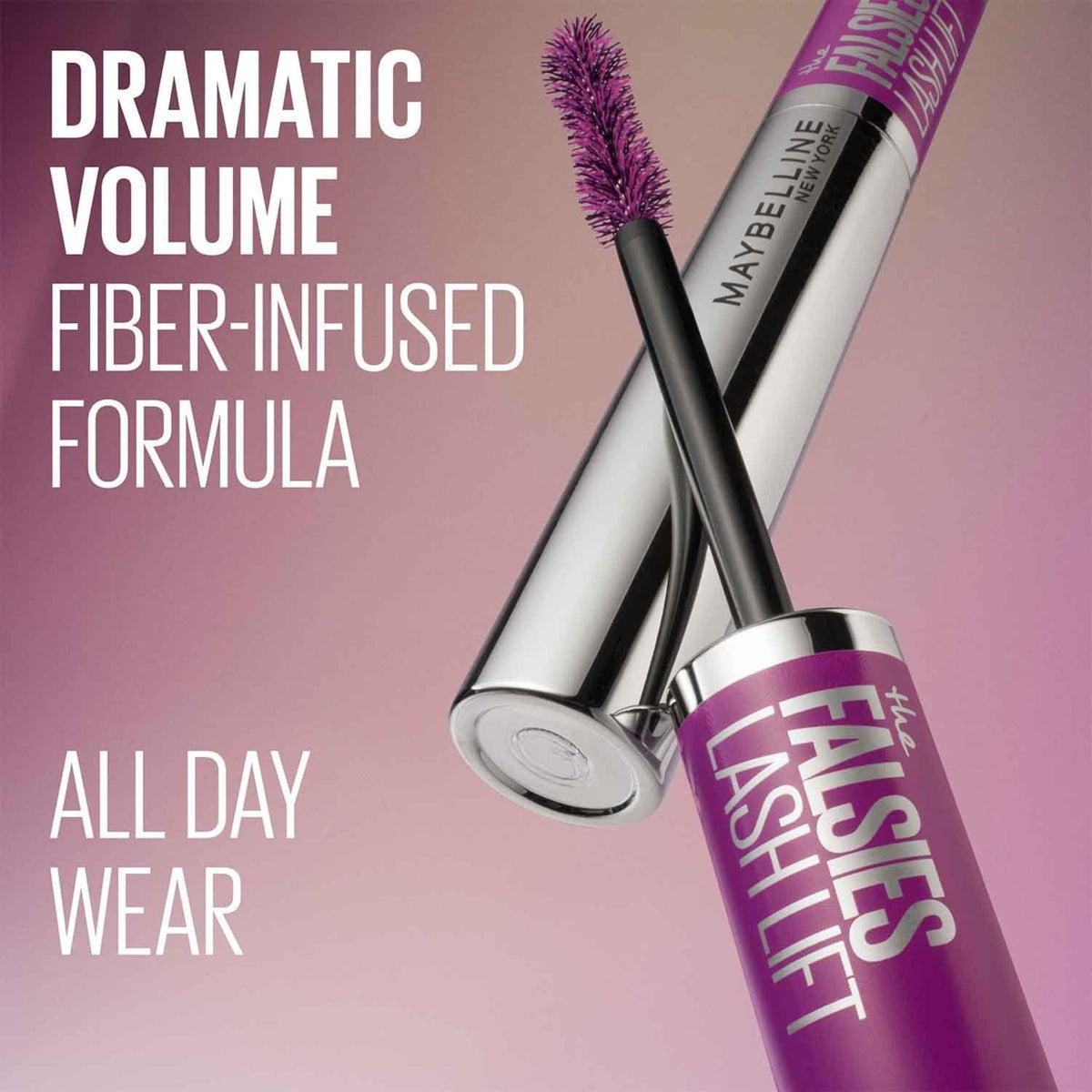 Refect Beauty Maybelline The Falsies Lash Lift mascara with purple fiber-infused brush and silver tube packaging