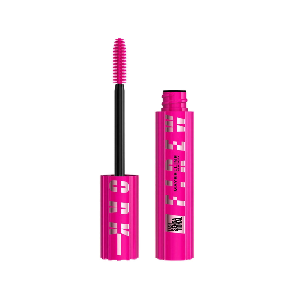 Refect Beauty Maybelline Lash Sensational Firework Mascara in blackest black with a bright pink tube and spiral brush
