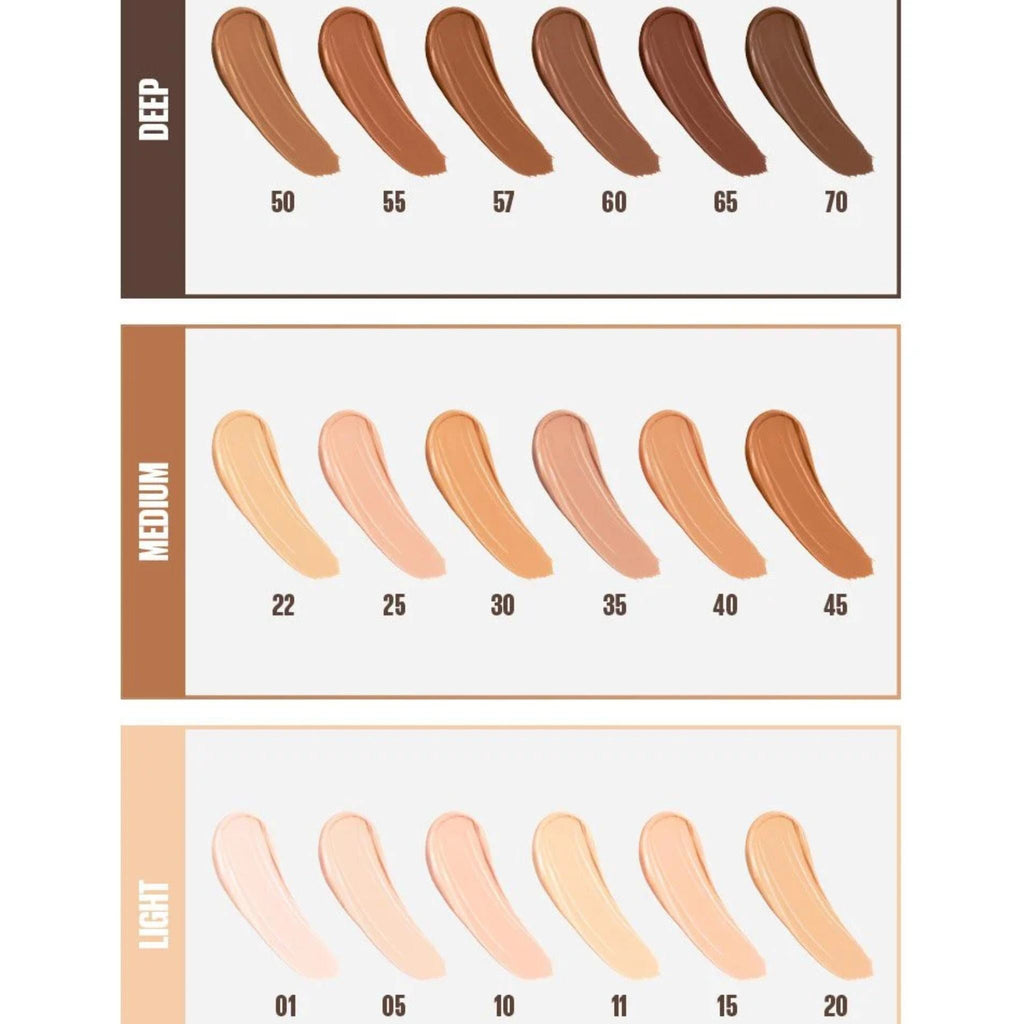 Refect Beauty Maybelline Fit Me Concealer shade range chart displaying 18 liquid shades from light to deep tones.