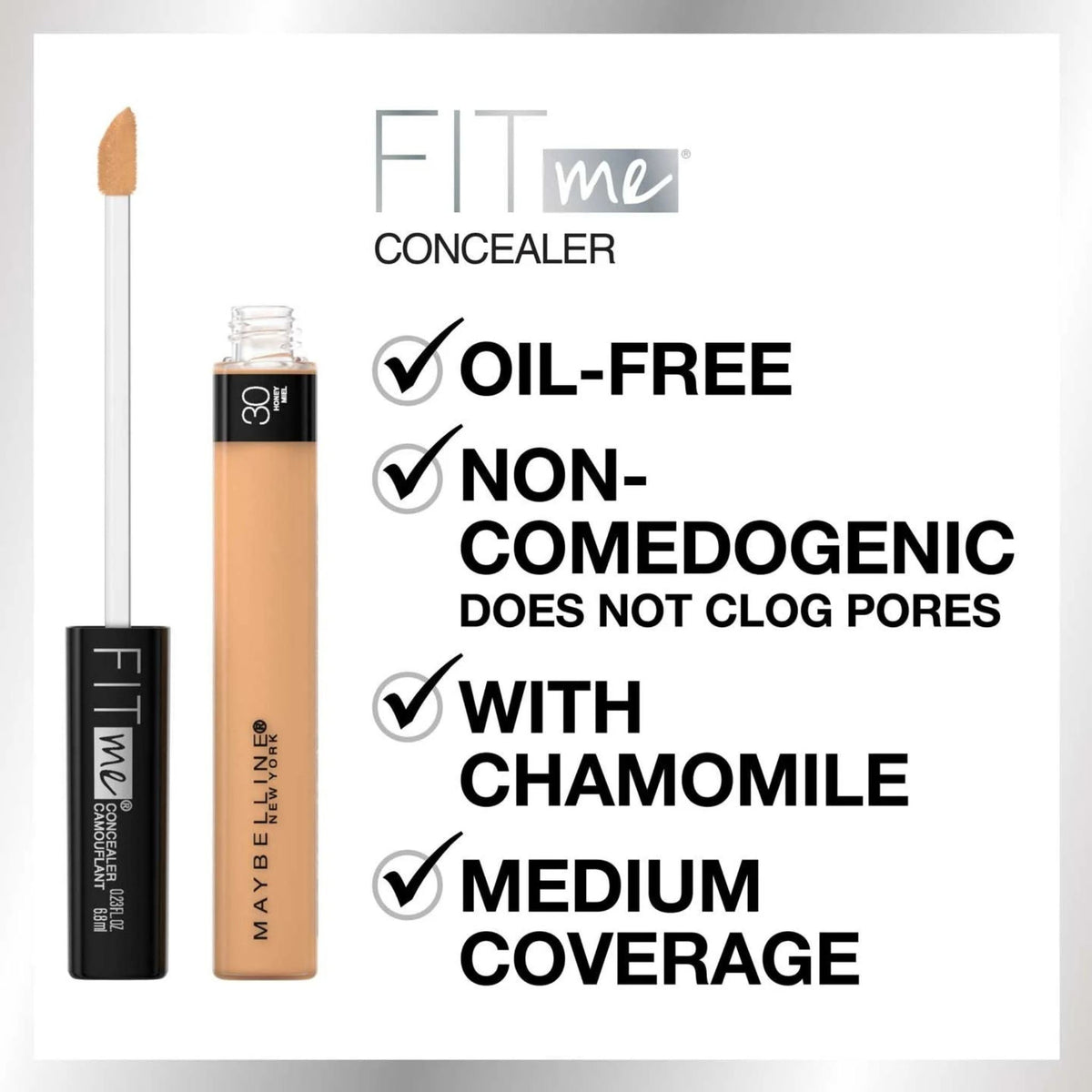 Refect Beauty Maybelline Fit Me liquid concealer in shade 30 Honey with applicator, oil-free and medium coverage.