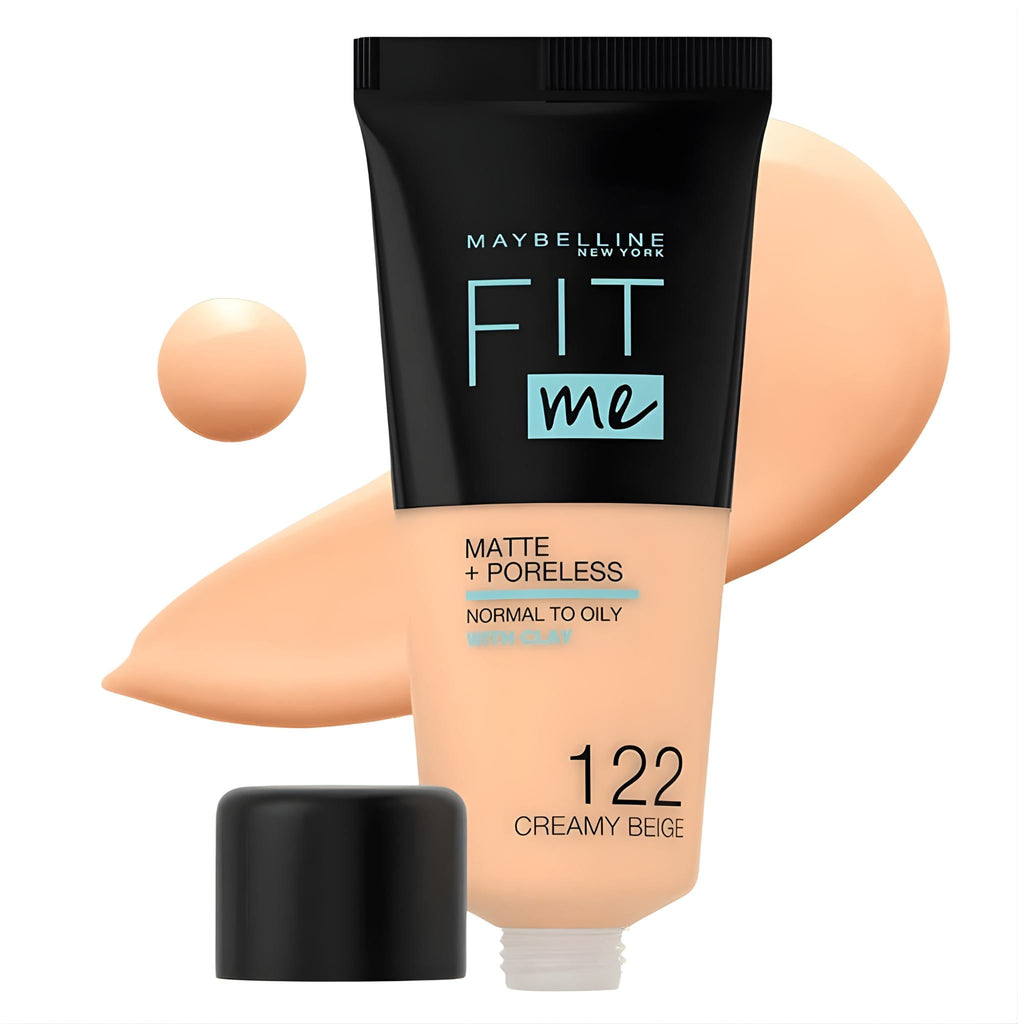 Refect Beauty Maybelline Fit Me Matte Poreless Foundation in shade 122 Creamy Beige in a squeeze tube with swatch.