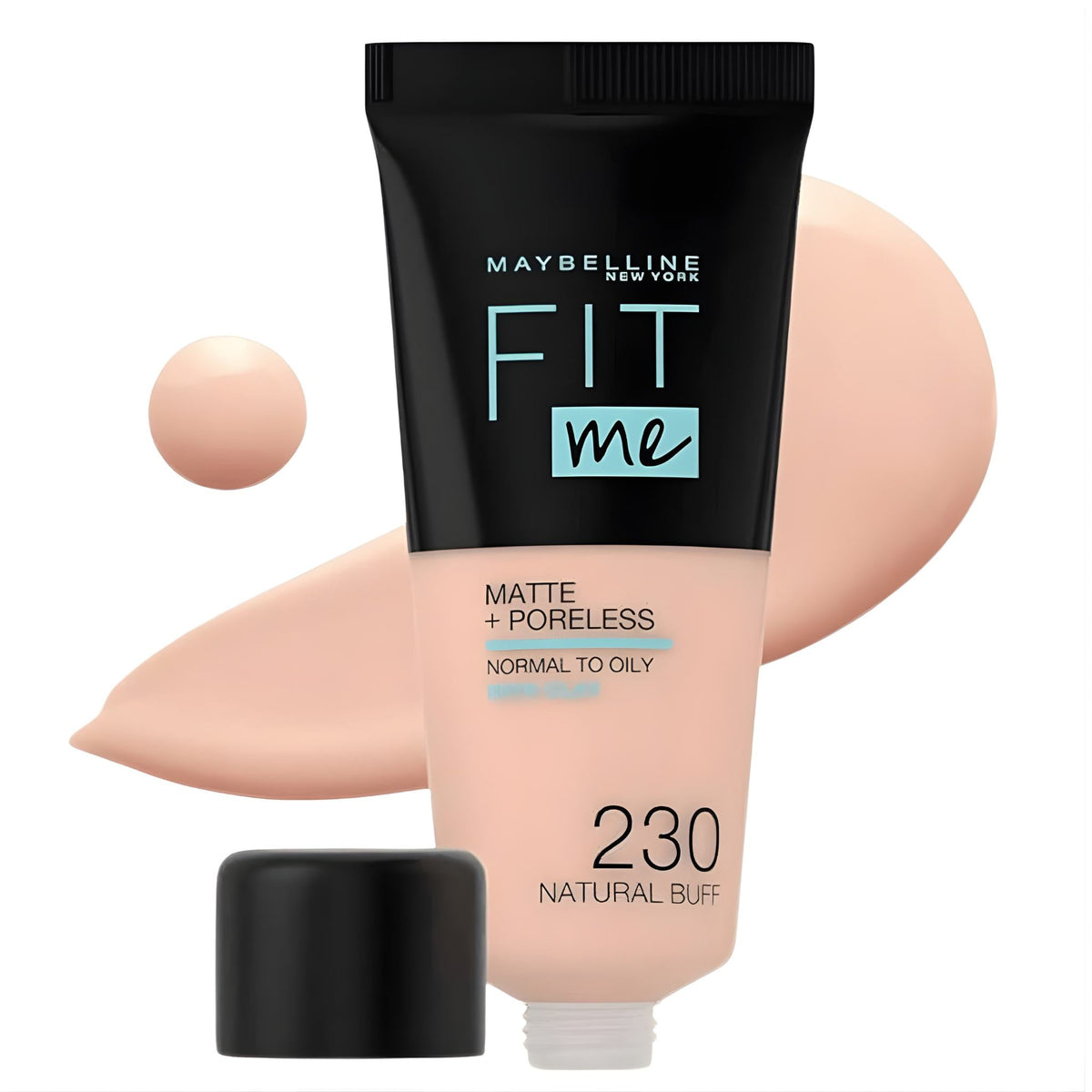 Refect Beauty Maybelline Fit Me Matte Poreless Foundation in shade 230 Natural Buff with a swatch of liquid makeup
