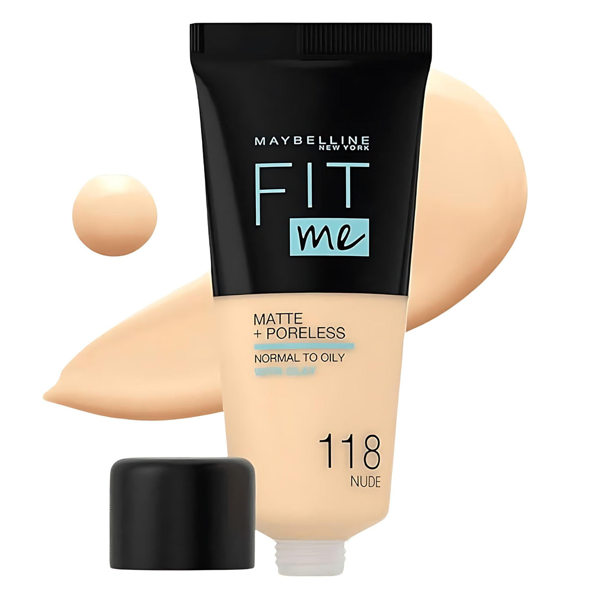 Refect Beauty Maybelline Fit Me Matte Poreless Foundation in shade 118 Nude with a swatch of liquid makeup.