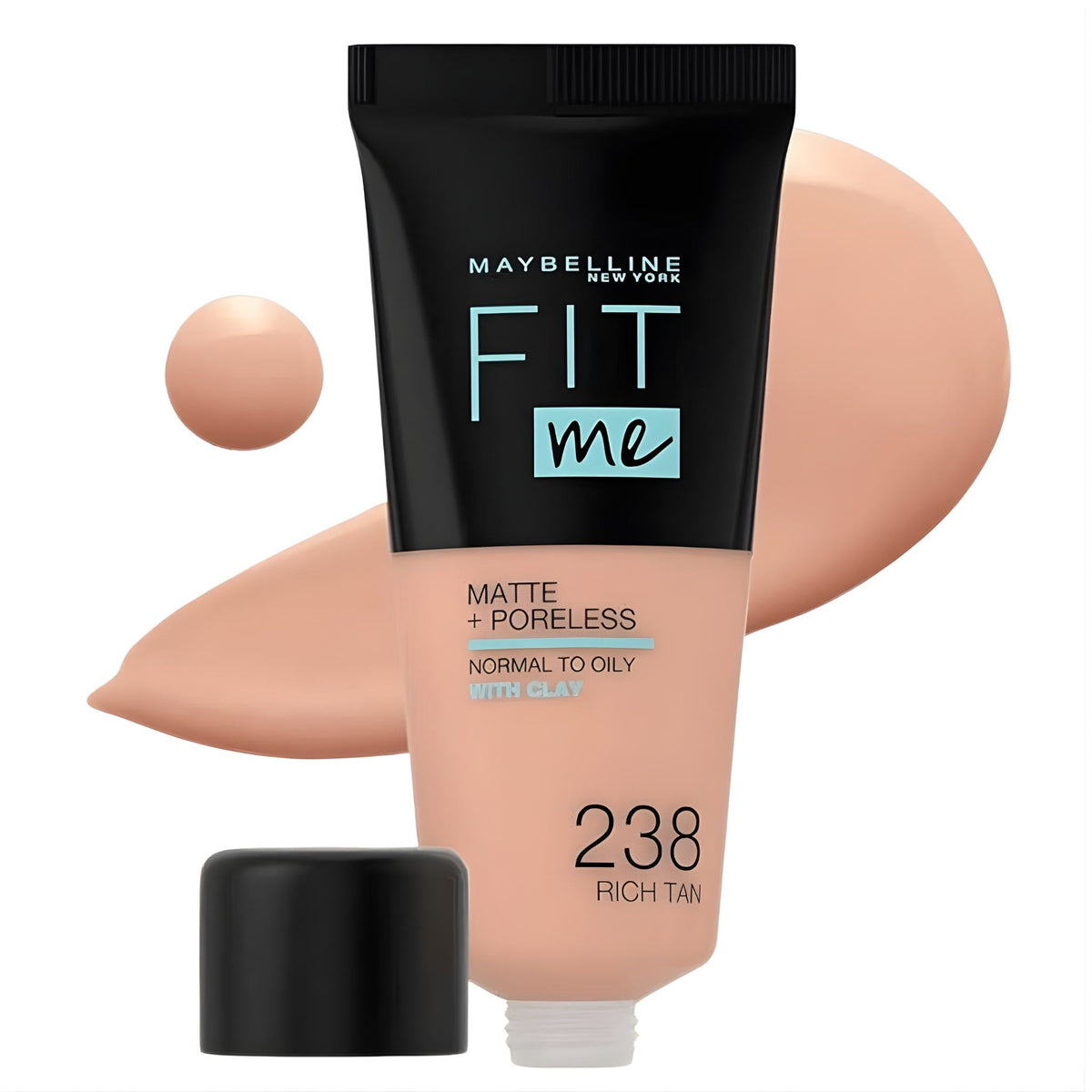 Refect Beauty Maybelline Fit Me Matte Poreless Foundation in shade 238 Rich Tan with a swatch of liquid makeup.