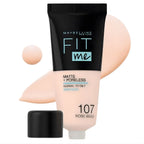 Refect Beauty Maybelline Fit Me Matte Poreless Foundation in shade 107 Rose Beige with a swatch of liquid makeup.