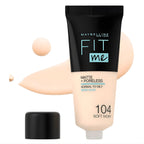 Refect Beauty Maybelline Fit Me Matte Poreless Foundation in shade 104 Soft Ivory with a swatch of the liquid formula.
