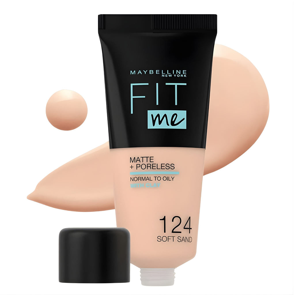 Refect Beauty Maybelline Fit Me Matte Poreless Foundation in shade 124 Soft Sand with a liquid swatch