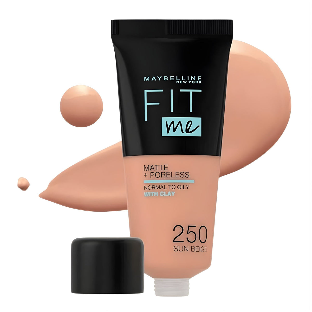 Refect Beauty Maybelline Fit Me Matte Poreless Foundation in Sun Beige shade 250 in a squeeze tube with liquid swatch