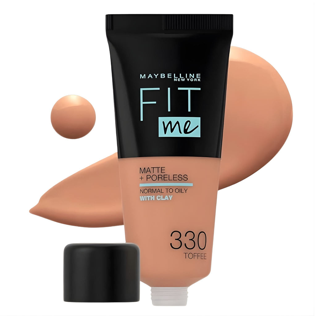 Refect Beauty Maybelline Fit Me Matte Poreless Foundation in shade 330 Toffee with a swatch of liquid makeup.