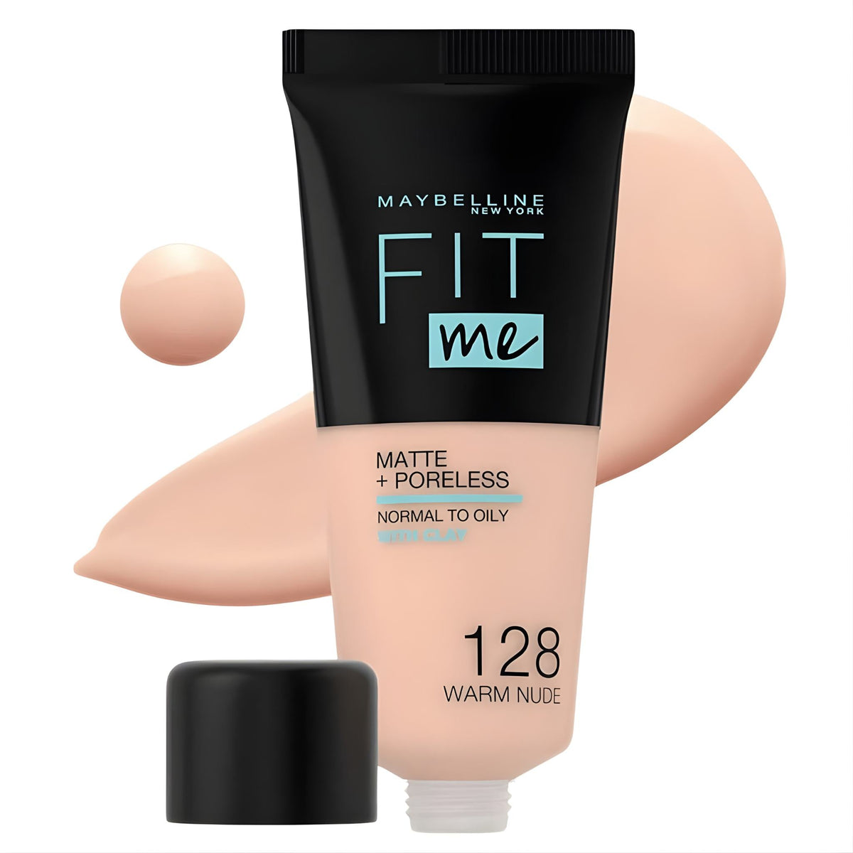 Refect Beauty Maybelline Fit Me Matte Poreless Foundation in shade 128 Warm Nude with a swatch of liquid makeup