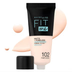 Refect Beauty Maybelline Fit Me Matte Poreless foundation in shade 102 Fair Ivory with a smooth liquid texture.