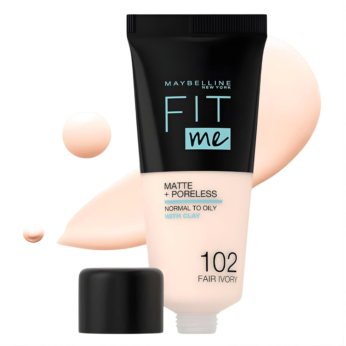 Refect Beauty Maybelline Fit Me Matte Poreless foundation in shade 102 Fair Ivory with a smooth liquid texture.