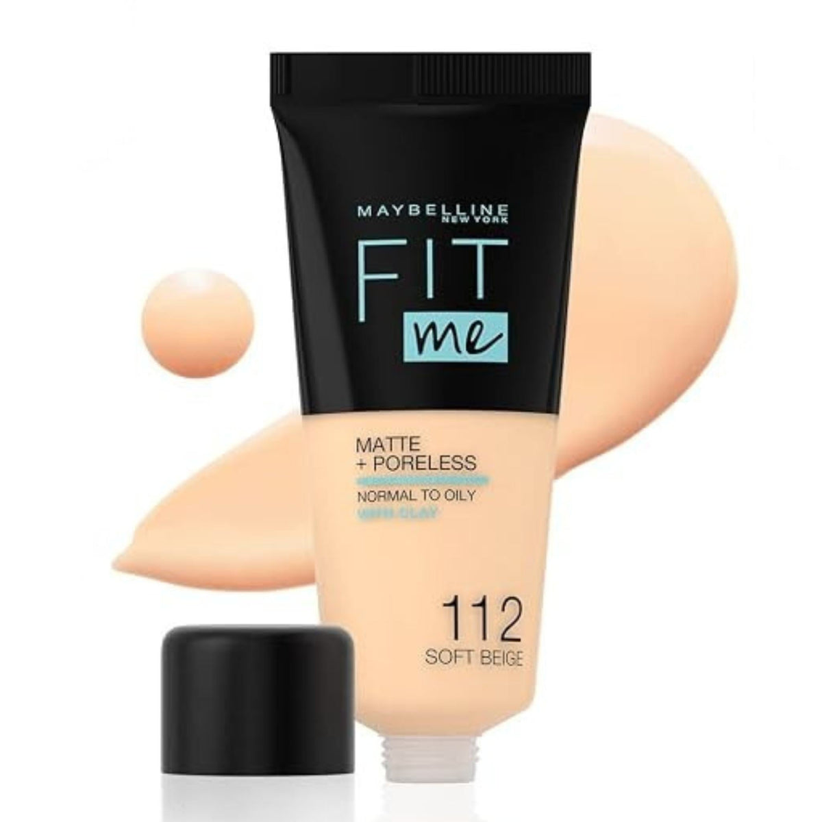 Refect Beauty Maybelline Fit Me Matte Poreless Foundation in Soft Beige shade 112 with a swatch of liquid makeup