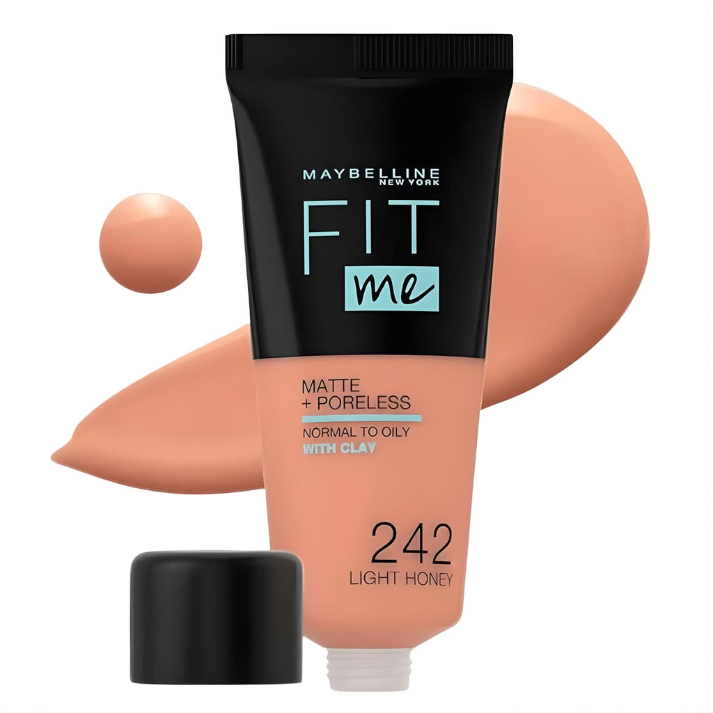 Refect Beauty Maybelline Fit Me Matte Poreless Foundation in Light Honey shade 242 with a swatch of liquid formula.