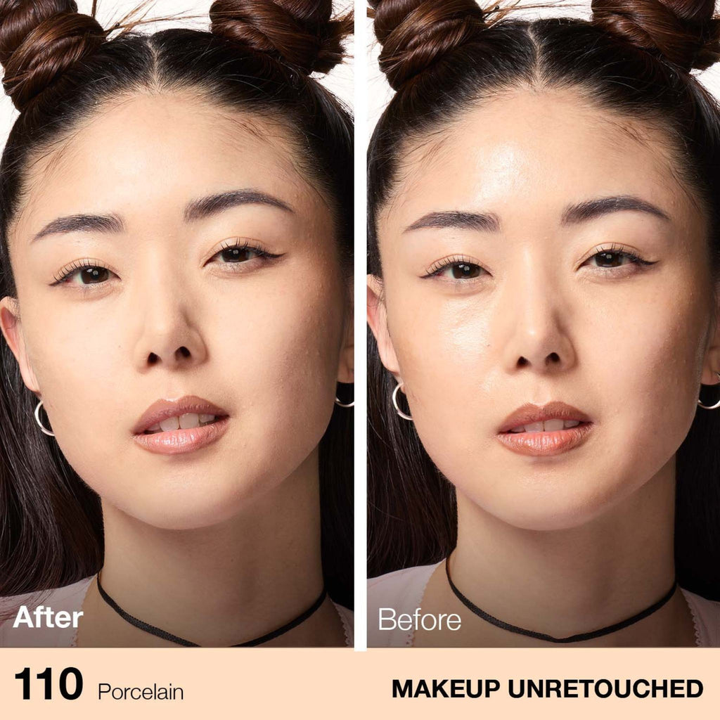 Refect Beauty model showing before and after application of Maybelline Fit Me Matte + Poreless powder in 110 Porcelain