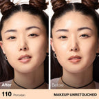 Refect Beauty model showing before and after application of Maybelline Fit Me Matte + Poreless powder in 110 Porcelain
