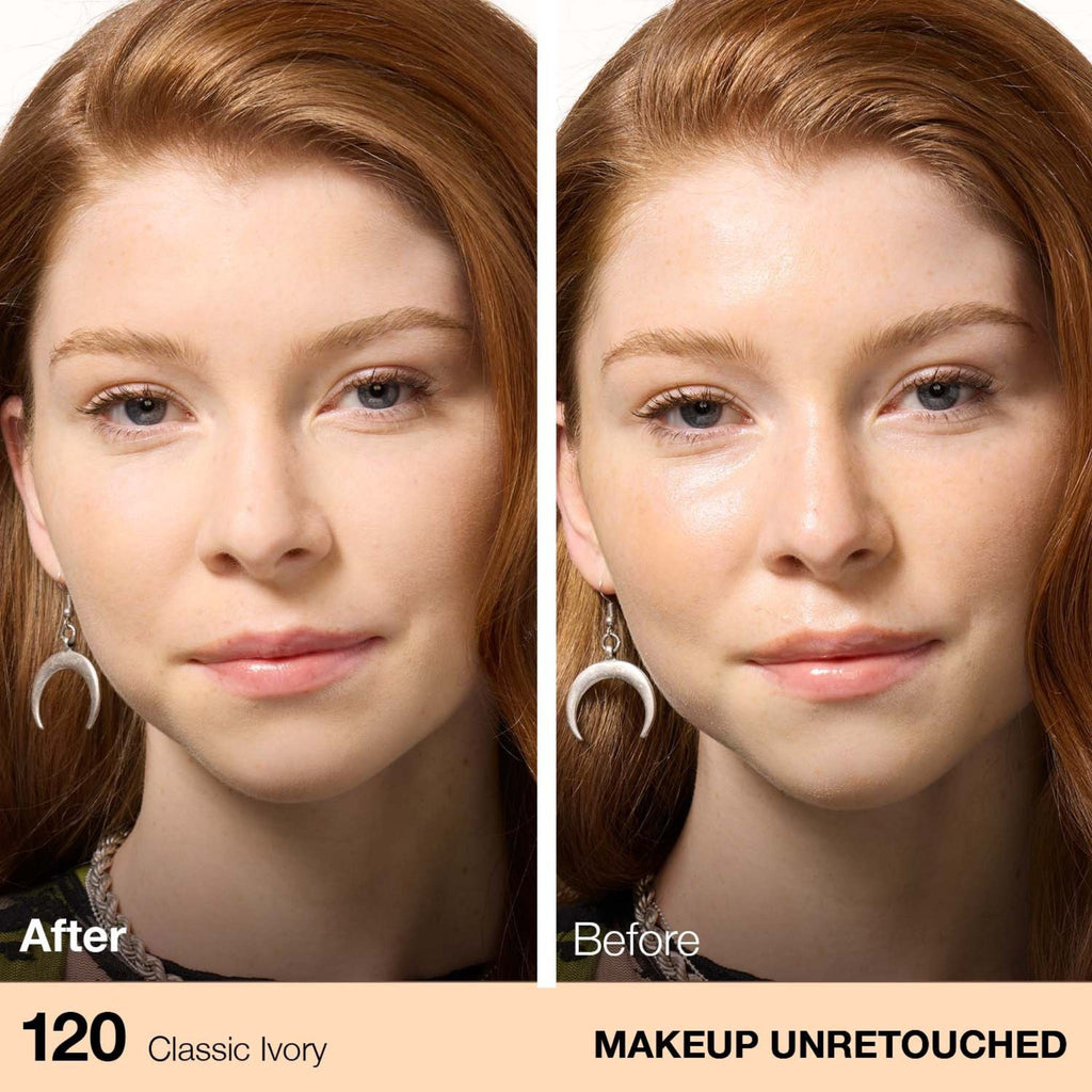 Refect Beauty model showing before and after application of Maybelline Fit Me Matte + Poreless Powder in Classic Ivory