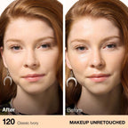 Refect Beauty model showing before and after application of Maybelline Fit Me Matte + Poreless Powder in Classic Ivory