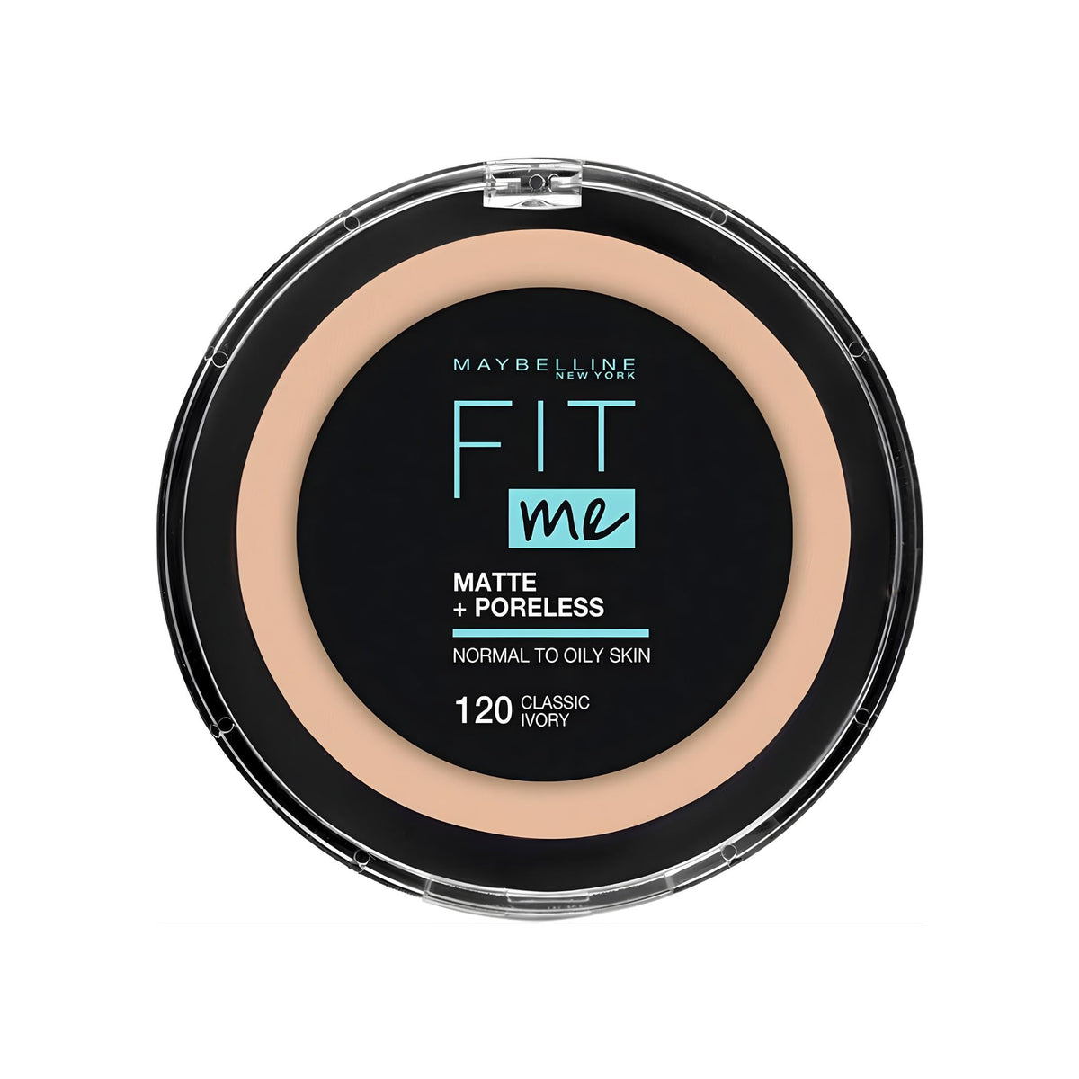 Refect Beauty Maybelline Fit Me Matte + Poreless powder foundation in shade 120 Classic Ivory in a round compact.