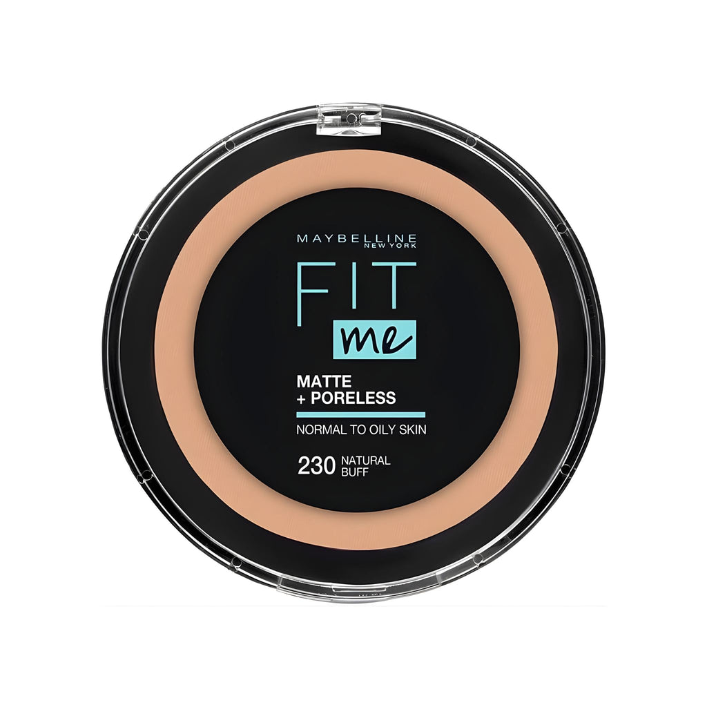 Refect Beauty Maybelline Fit Me Matte + Poreless powder foundation in shade 230 Natural Buff in a round compact.