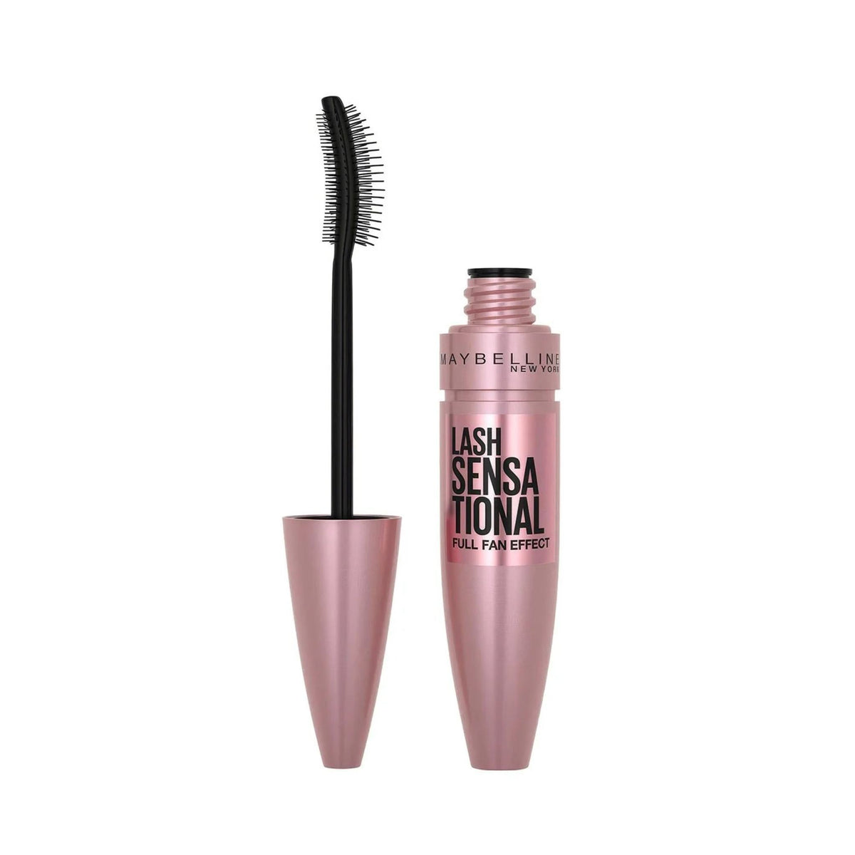 Refect Beauty Maybelline Lash Sensational washable mascara in very black with a curved fanning brush applicator